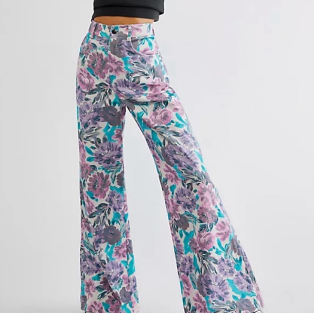 NWOT For Love and Lemons Tamara Floral Ultra Wide Leg Pants Blue Purple Multi 27